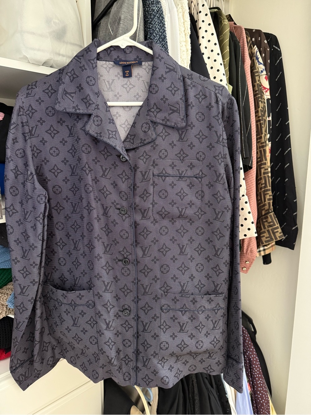 Louis Vuitton Women's 100% silk Navy monogram $ piping Button-Up Sz 42 NWOT